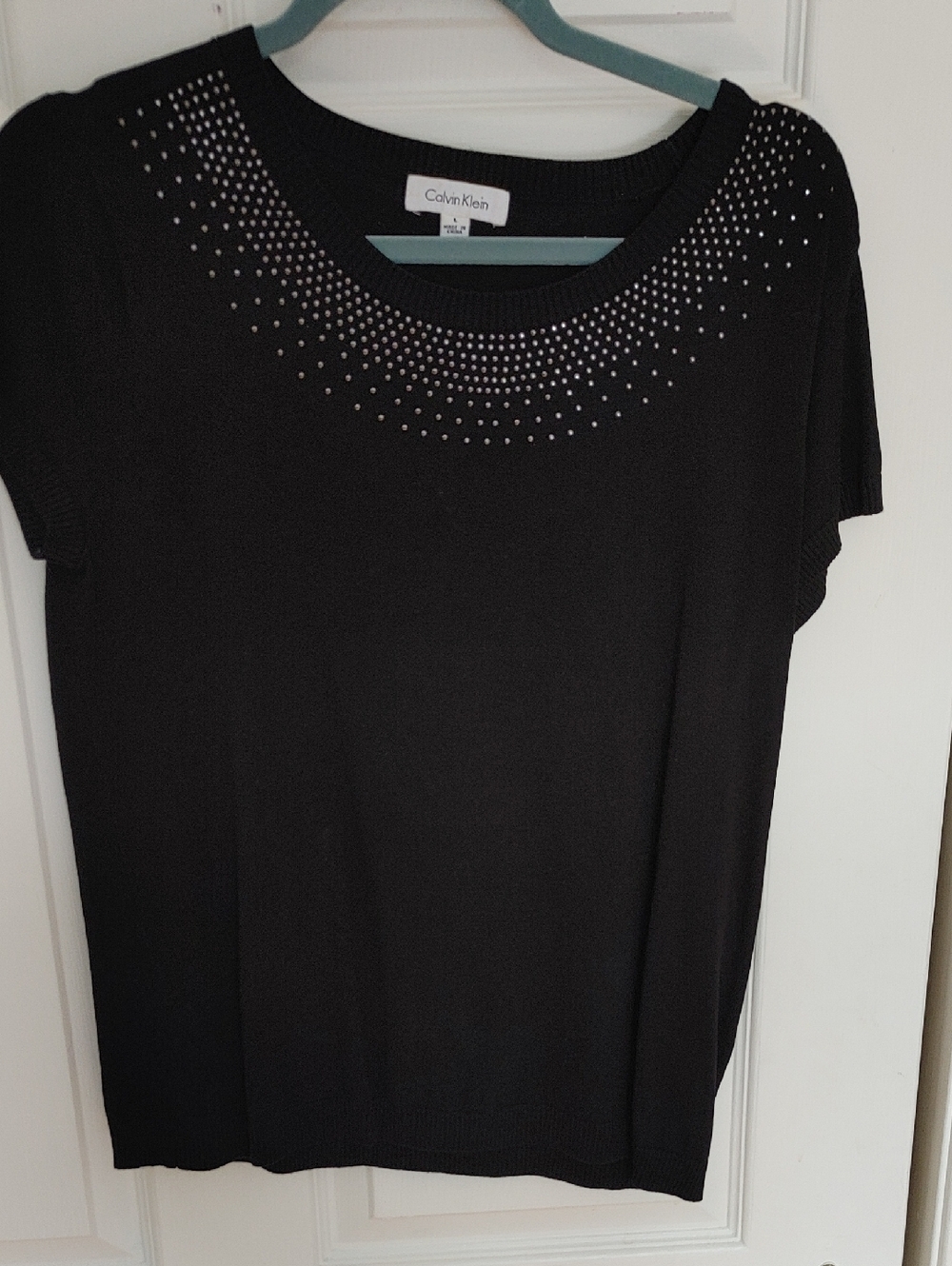 Calvin Klein Black Short-Sleeve Knit Top with Studded Neckline